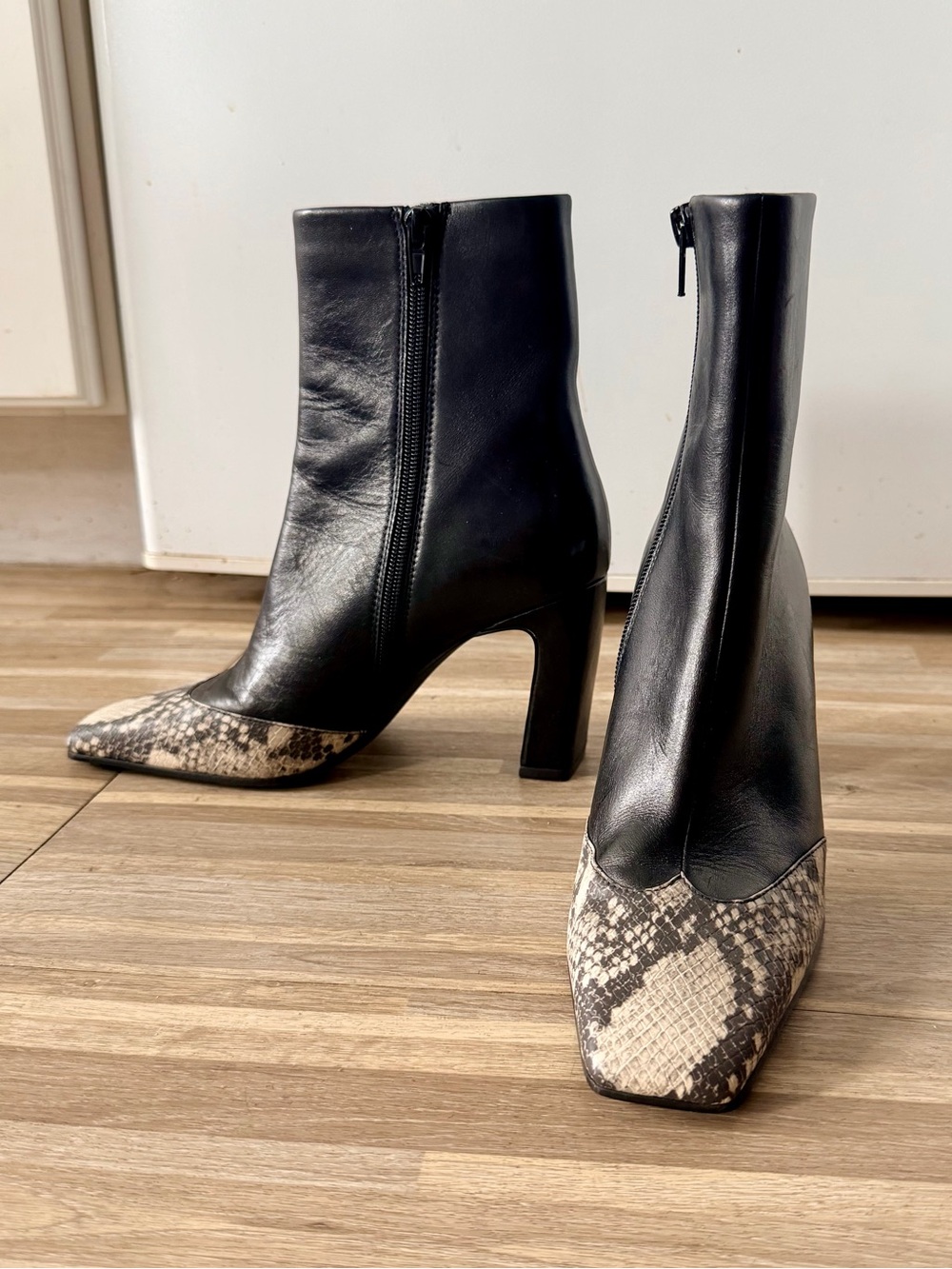 Steve Madden Jeter Black & Snake Print Square Toe Ankle Heeled Boots, Women’s 6